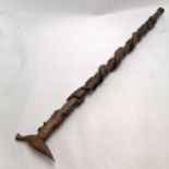 Folk art carved wooden walking stick with anchor, snake & vine leaf decoration and a bird shaped