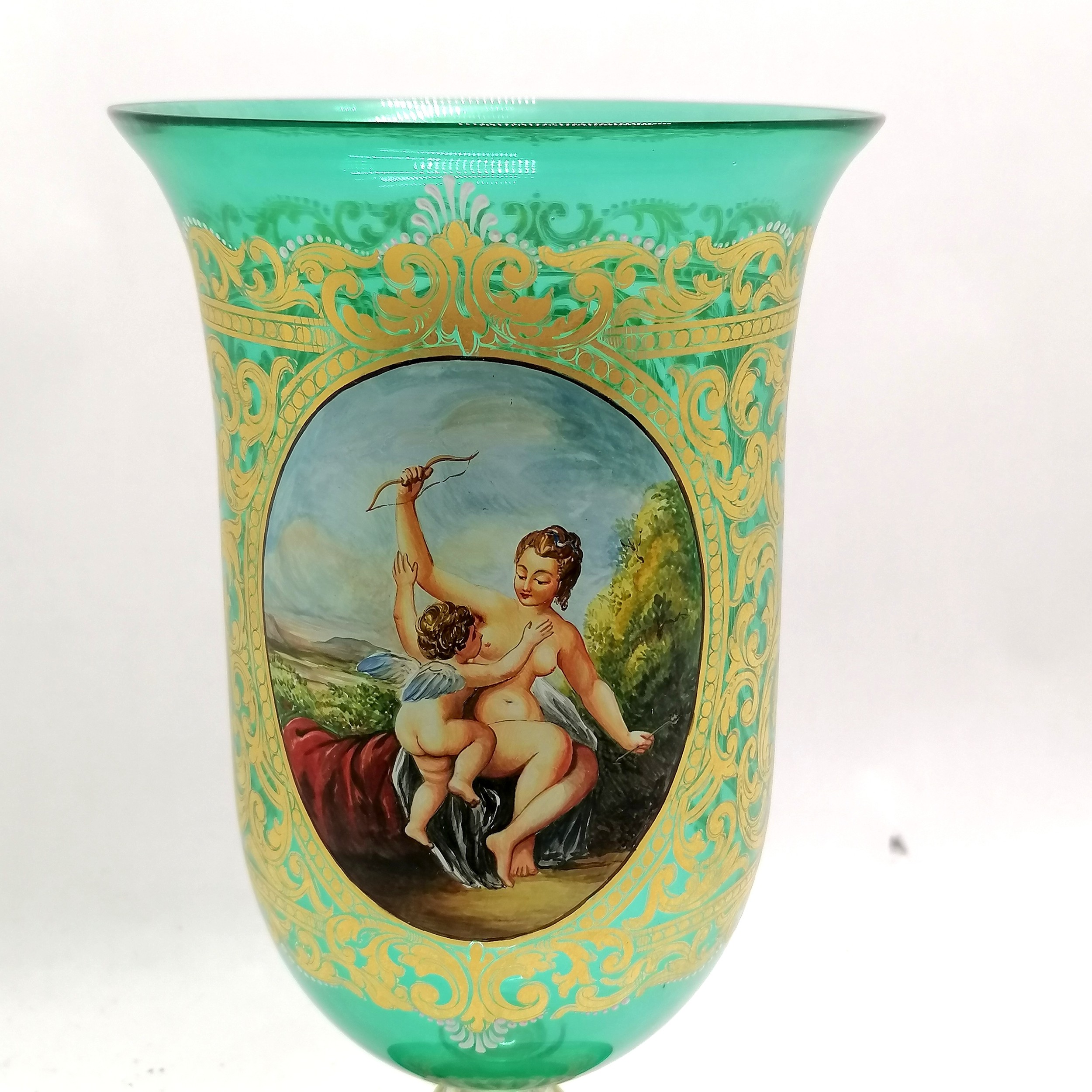 Large French green glass goblet/vase with hand painted scene and gilding Watteau L'amore - Image 4 of 4