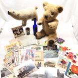 Vintage plush polar bear with moving head, Bradshaws railway map of central Europe t/w cards,