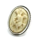 Antique Roman hand carved marble cameo panel of a winged figure ring in later unmarked silver