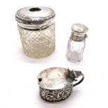 Antique silver oval mustard pot (with blue glass liner) t/w silver topped dressing table jar &