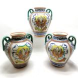 Set of three majolica Medici vases 28cm high. One has a repaired handle all have crazing,