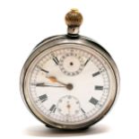 Antique silver cased chronograph pocket watch - 45mm diameter & lacks 1 hand to sub-dial, winder