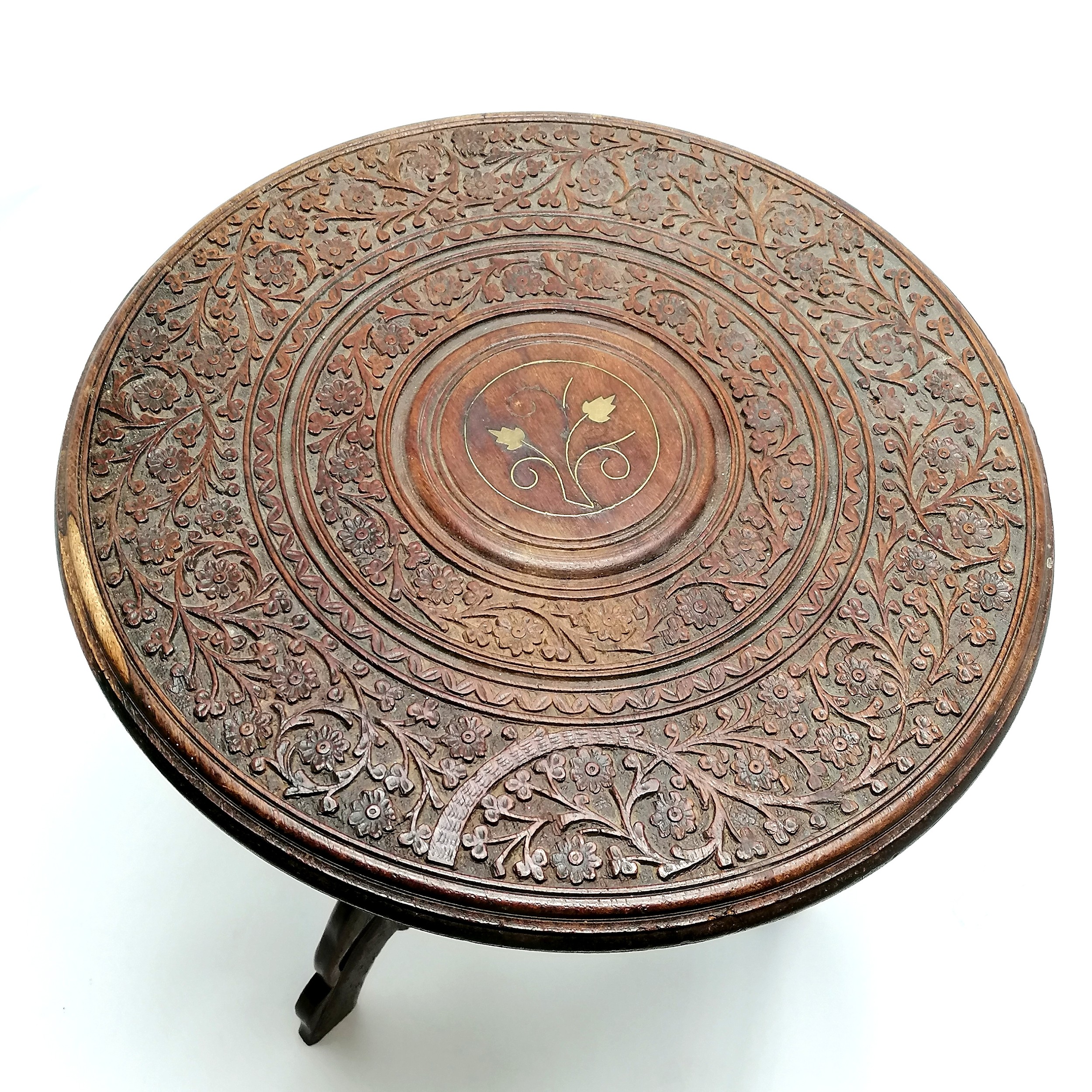 Indian hand carved circular folding table (36cm diameter x 40cm high) - Image 2 of 2