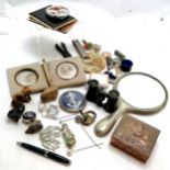 Qty of oddments inc antique padlock, natural opal, portrait miniatures (?), Guinness rugby