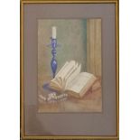 Framed watercolour still life painting of a book, candlestick & string of pearls dated / signed RL