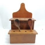 Antique 2 tier pine spoon rack T/W 2 spoons 40cm high x 20cm deep x 28cm wide. in good used