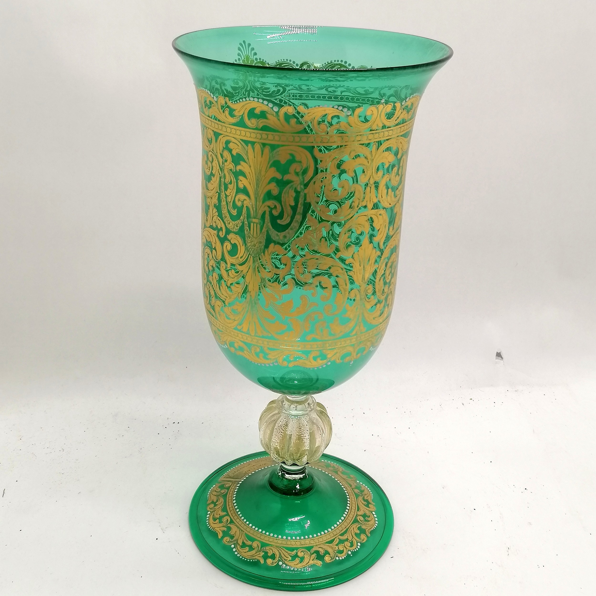 Large French green glass goblet/vase with hand painted scene and gilding Watteau L'amore - Image 2 of 4