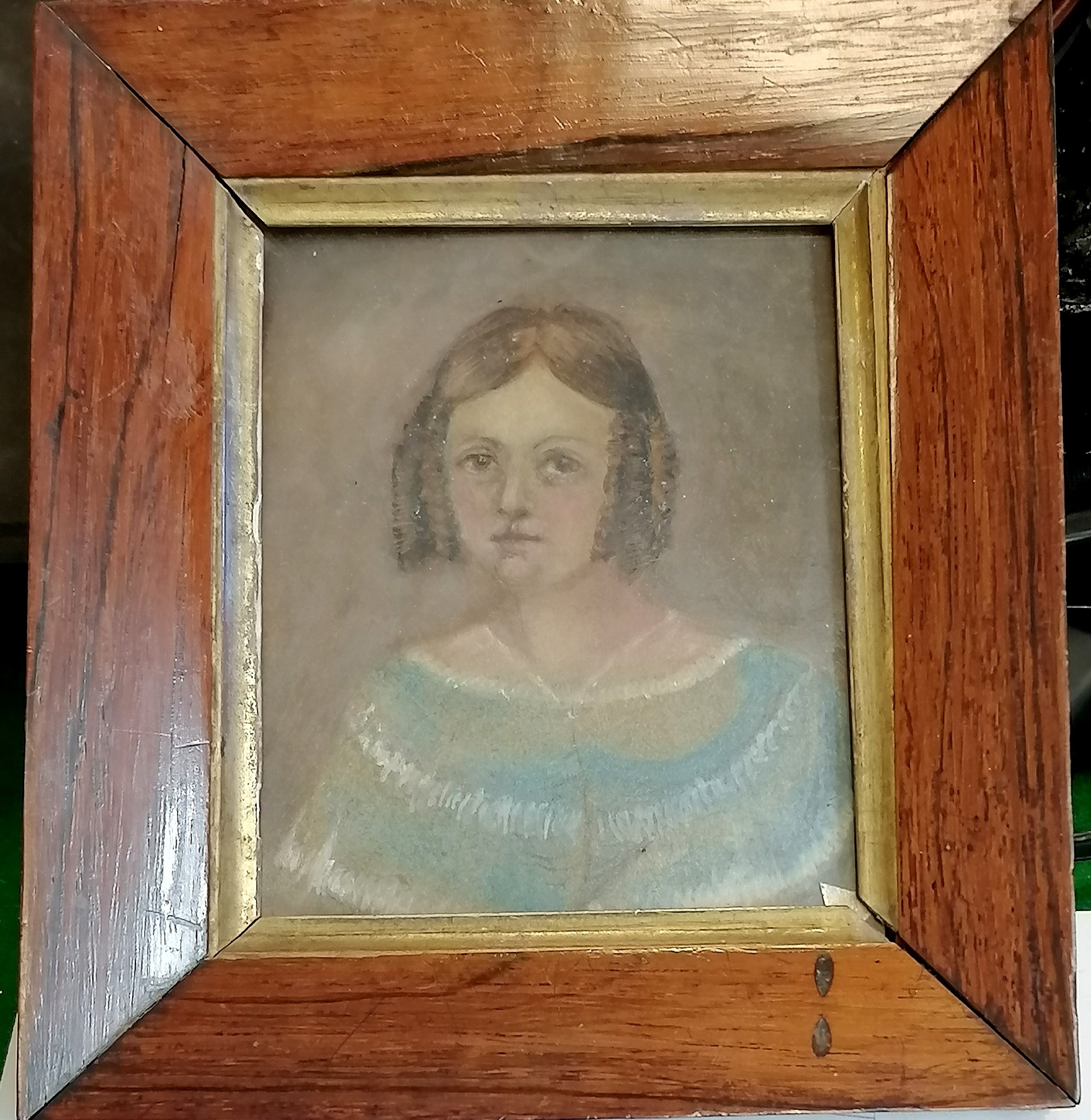 Antique framed pastel portrait miniature of a girl in a blue dress 15cm x 17.5cm