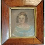 Antique framed pastel portrait miniature of a girl in a blue dress 15cm x 17.5cm