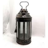 Antique large japanned candle lantern 20cm diameter x 49cm high. Some losses and rust otherwise in