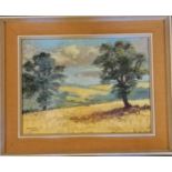 Framed oil painting on canvas of 2 trees in a pastoral scene by Dorothy Dean (1920-2005) - frame