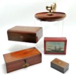 Antique mahogany artists box with drawer 21cm x 6cm x 10cm, nutcracker bowl, box with glass panel