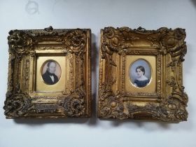 2 x portrait miniatures in gilt gesso frames framed by Paul Vacani, 157 Fulham Road, London - 18cm x