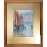 Framed watercolour painting of boats in a harbour by T Calder - frame 40cm x 34cm