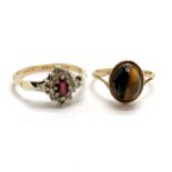 9ct hallmarked gold tigers eye ring (size N) t/w 9ct gold & silver stone set ring (size T) ~ total