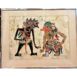 Framed print on silk of Javanese wayang type figures signed Hussien - 51.5cm x 66.5cm ~ slight a/f