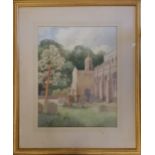 Framed 1947 watercolour painting of a church signed G Dyer - 60cm x 50.5cm