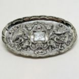 1899 silver embossed dish by William Comyns & Sons - 11cm across & 33g and inscribed Peggy to