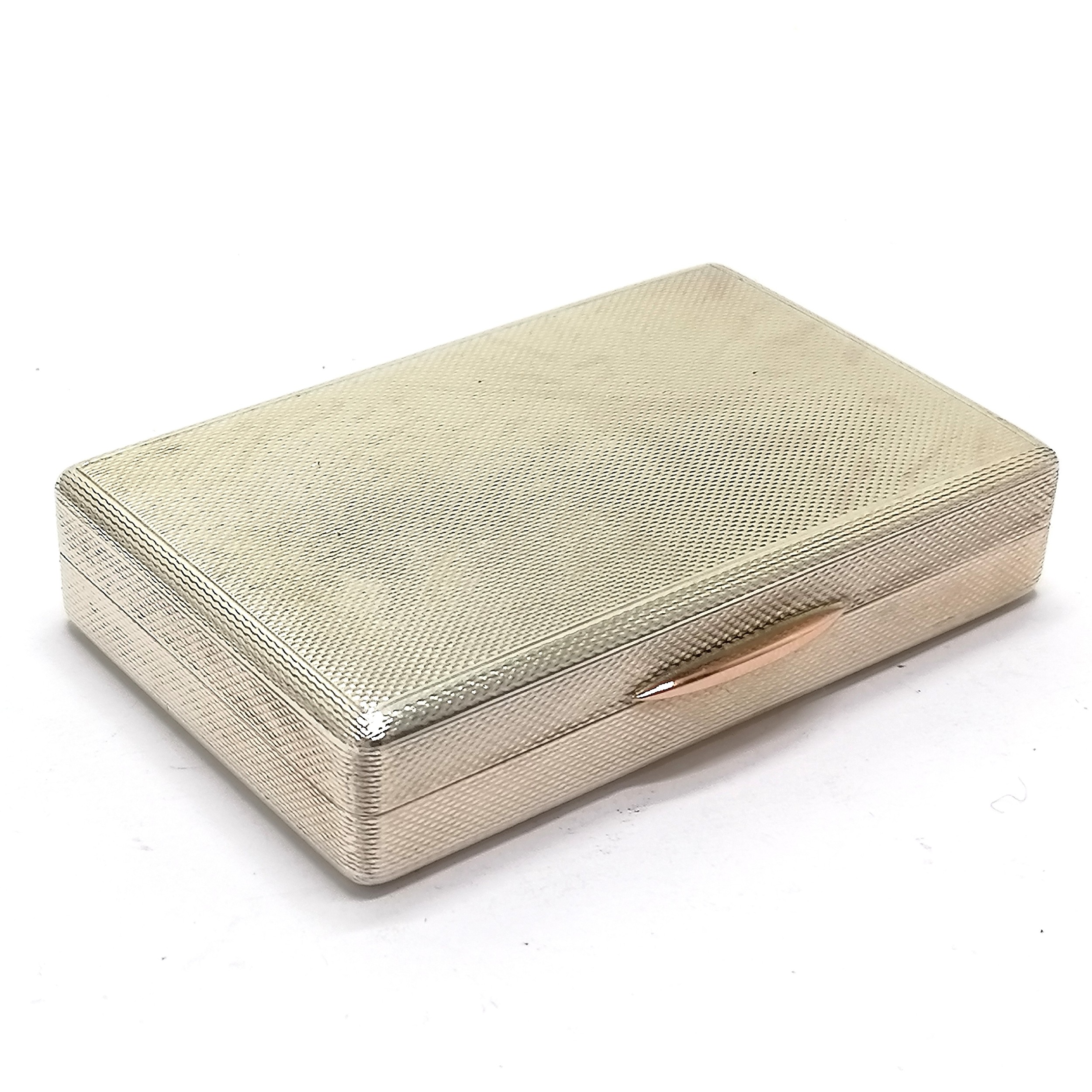 1965 silver table snuff box with gilt interior, engine turned detail and unmarked gold catch by W