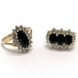 2 x 9ct hallmarked gold sapphire & white stone cluster rings - size M & N ~ 5.1g total weight