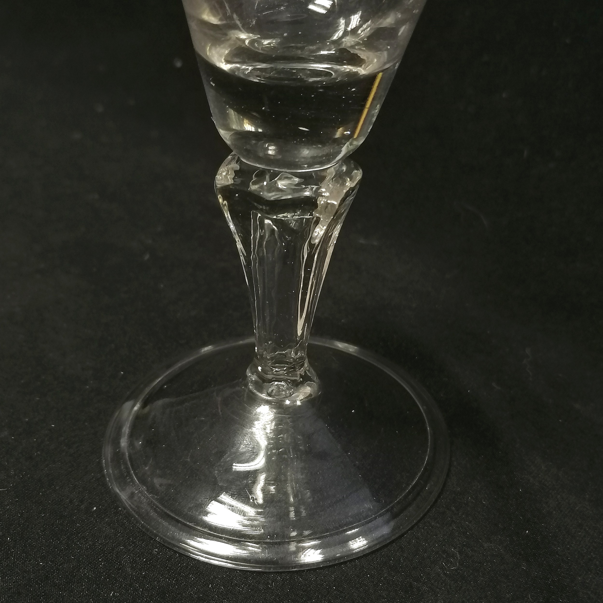 RARE c.1720 wine glass with unusual moulded panel stem terminating on a folded footrim - 15cm high & - Image 3 of 5