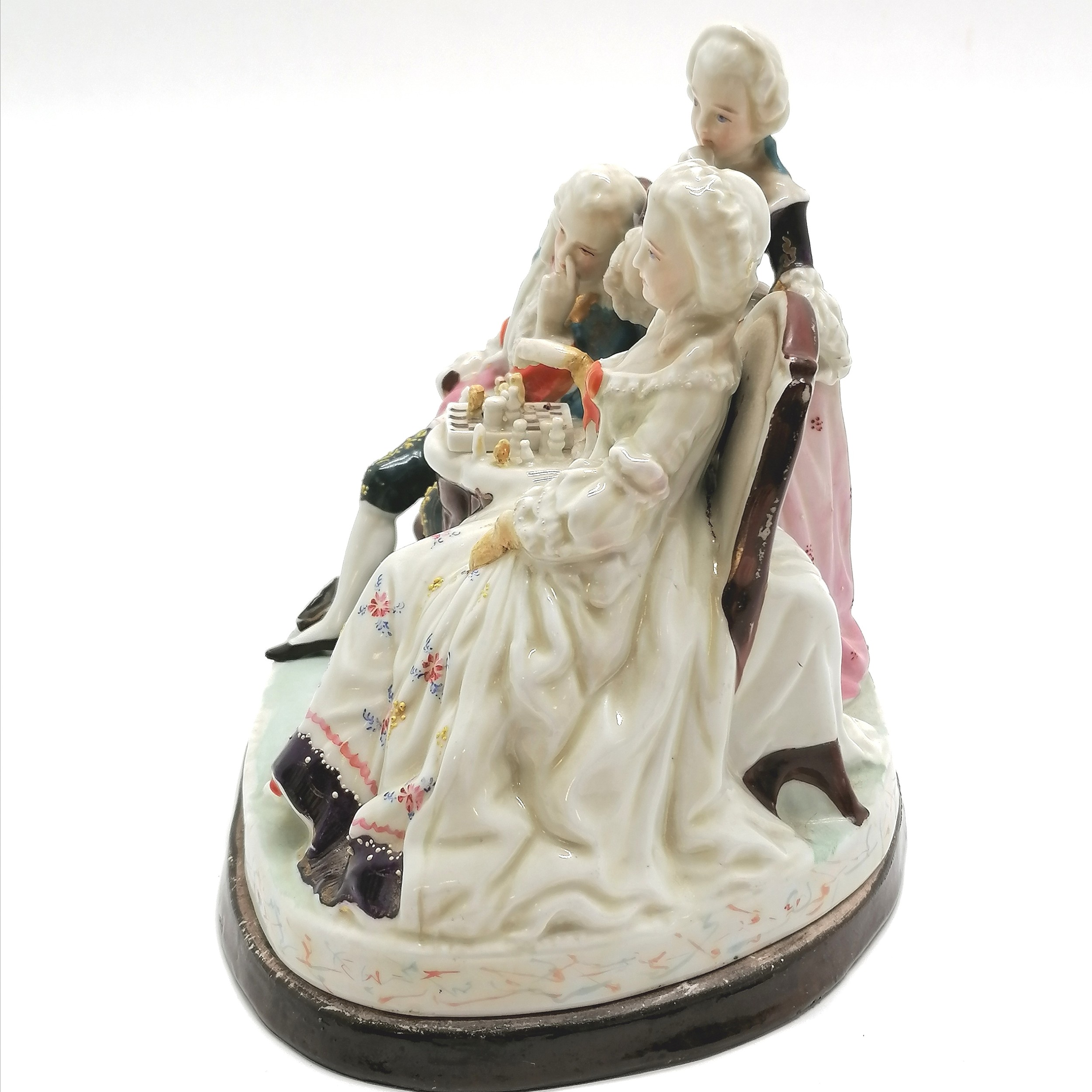 Antique German porcelain inkstand as a group of 3 figures playing chess - 18cm high ~ missing 1 - Image 3 of 10