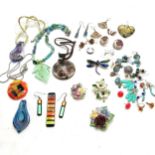 Qty of costume jewellery inc Venetian glass pendants, enamel dragonfly brooch, enamel earrings etc -