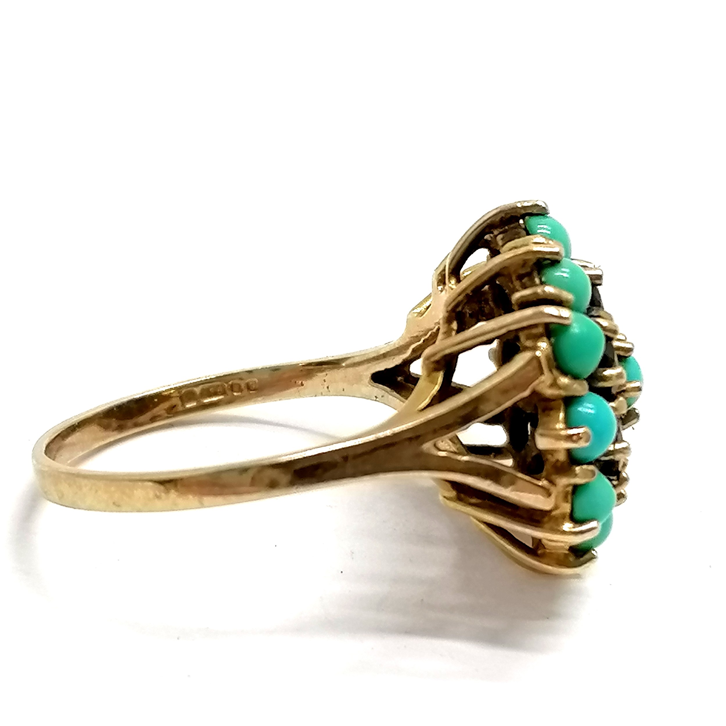 9ct hallmarked gold sapphire & turquoise cluster ring - size N½ & 3.8g total weight - Image 2 of 2