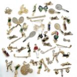 47 x costume brooches inc sporting, bird, cows head etc