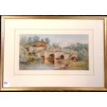 Framed watercolour of 'The Old Bridge' attributed to James Aumonier (1832–1911) - 38.5cm x 56cm