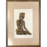 1974 Framed Korean 2-colour temple hand rubbing on rice paper of 7th century gilt-bronze Maitreya #