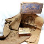 Vintage camp coffee wooden crate - 44cm x 33cm x 20cm t/w Rowntrees milk chocolate wooden box (has