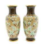 Pair of Oriental cloisonne vases with brown ground and prunus and bird detail and have original