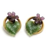 German vintage 18ct rolled gold plated clip on earrings set with carved glass flower & leaf by AUG