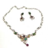 Silver stone set (inc amethyst) necklace (56cm) + matching clip-on earrings - total weight 57g