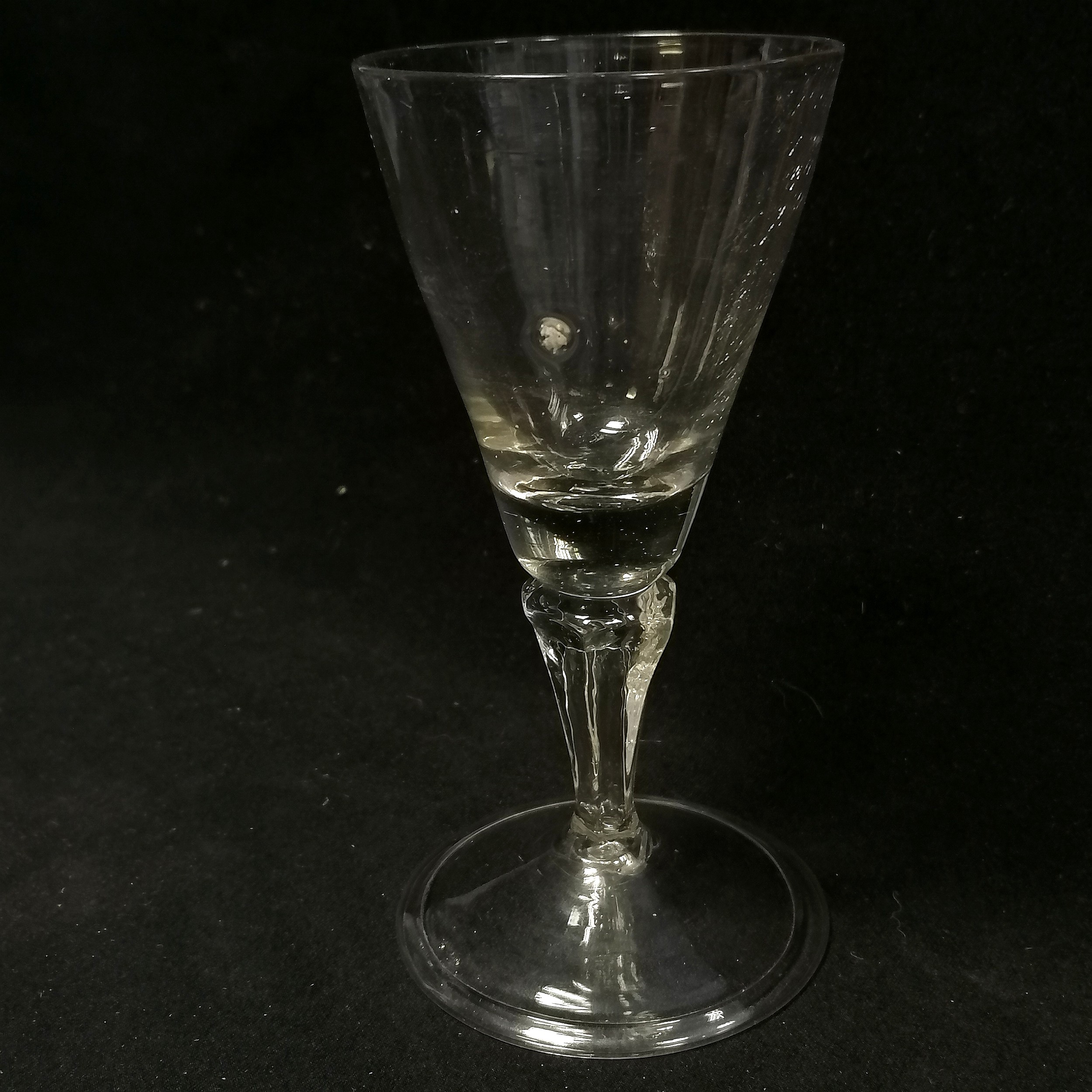 RARE c.1720 wine glass with unusual moulded panel stem terminating on a folded footrim - 15cm high & - Image 4 of 5