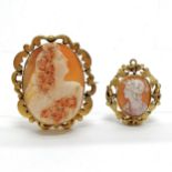 2 x antique hand carved cameo portrait brooches in gilt mounts - largest 6.5cm but has old repair to