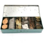 Vintage Savings tin box containing coins inc 255g of silver coins, crowns (inc 1951 GVI), tokens,
