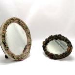 2 antique oval mirrors - 1 in porcelain (30cm x 24cm) & 1 barbola ~ both with obvious damage