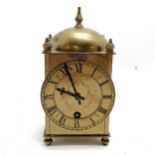 Reproduction brass lantern clock with key - 17cm high and running but WE CANNOT GUARANTEE THE