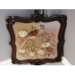 Mahogany carved framed tapestry & stump work picture of a parrot + flowers - 70cm x 59.5cm