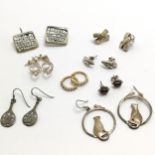 8 x pairs of silver earrings inc novelty cat / mouse earrings (4cm drop), silver gilt half hoop