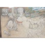 Large unframed oil on canvas painting of 2 angry ladies with donkeys - 71cm x 101cm