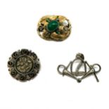 3 x unmarked antique silver brooches - total weight 24g ~ silver gilt stone set brooch 3.8cm, 1