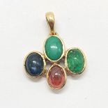 Unmarked 18ct gold cabochon stone set pendant inc star sapphire & amber - 2.2cm drop & 3.6g total