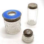 Silver & enamel dressing table jar with hob nail cut glass body (7cm high & no obvious damage) t/w 2