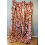 Pair of terracotta coloured interlined curtains with blue and white figural scene panels each