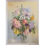 Framed watercolour painting of a bunch of flowers signed Q D Thompson - frame 58.5cm x 43cm
