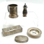 5 x silver items - pepperette, cherub box, armada dish (8cm diameter), christening mug & lid -